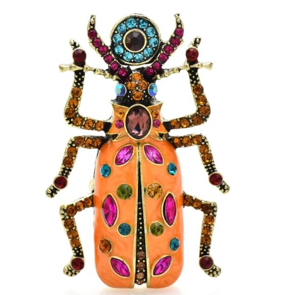 Big beautiful rhinestone adorned Beetle Brooch in Tangerine Orange enamel - Picture 1 of 2